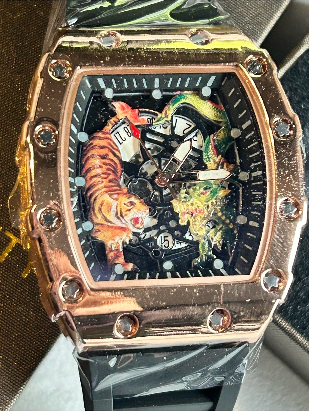 AJ Skeleton Dial Sport Watch with Black Rubber Strap